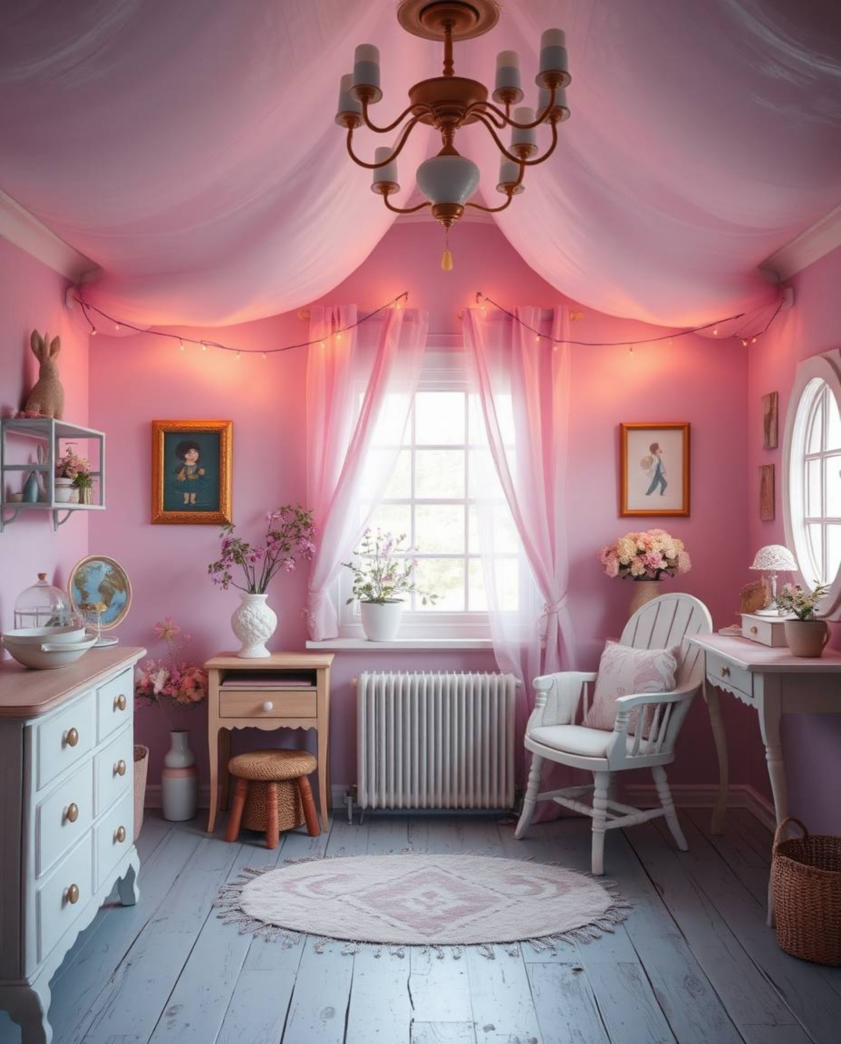 Immerse yourself in a charming, dreamlike room where gentle, contrasting paint colors explode in an ethereal and mystic envir