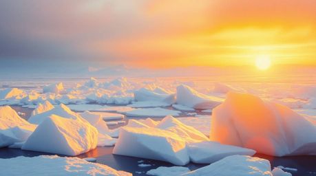 A captivating painting depicts a warm, golden sunset casting its glow over icy polar glaciers.  Soft light, diffused shadows,