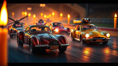 Experience a whimsical racing scene featuring bizarre vehicles bathed in the warm glow of candlelight.  Flickering flames cas