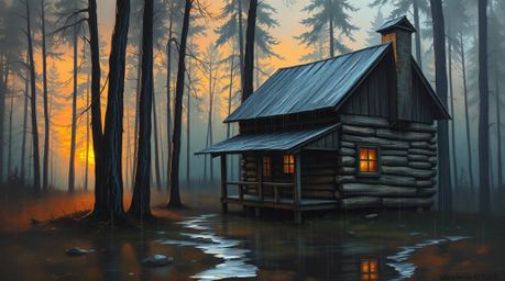 This classic oil painting captures the serene beauty of an old wooden cabin nestled deep in the woods during a breathtaking s