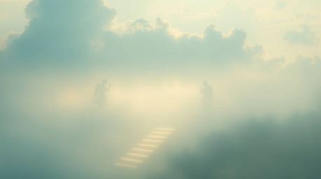 A soft cinematic haze creates a dreamy and peaceful atmosphere, depicting steps of light ascending into a cloudy sky. Angelic