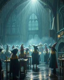 Discover a captivating magical school brimming with young wizards, under a softly drizzling rain. Experience the ethereal spi