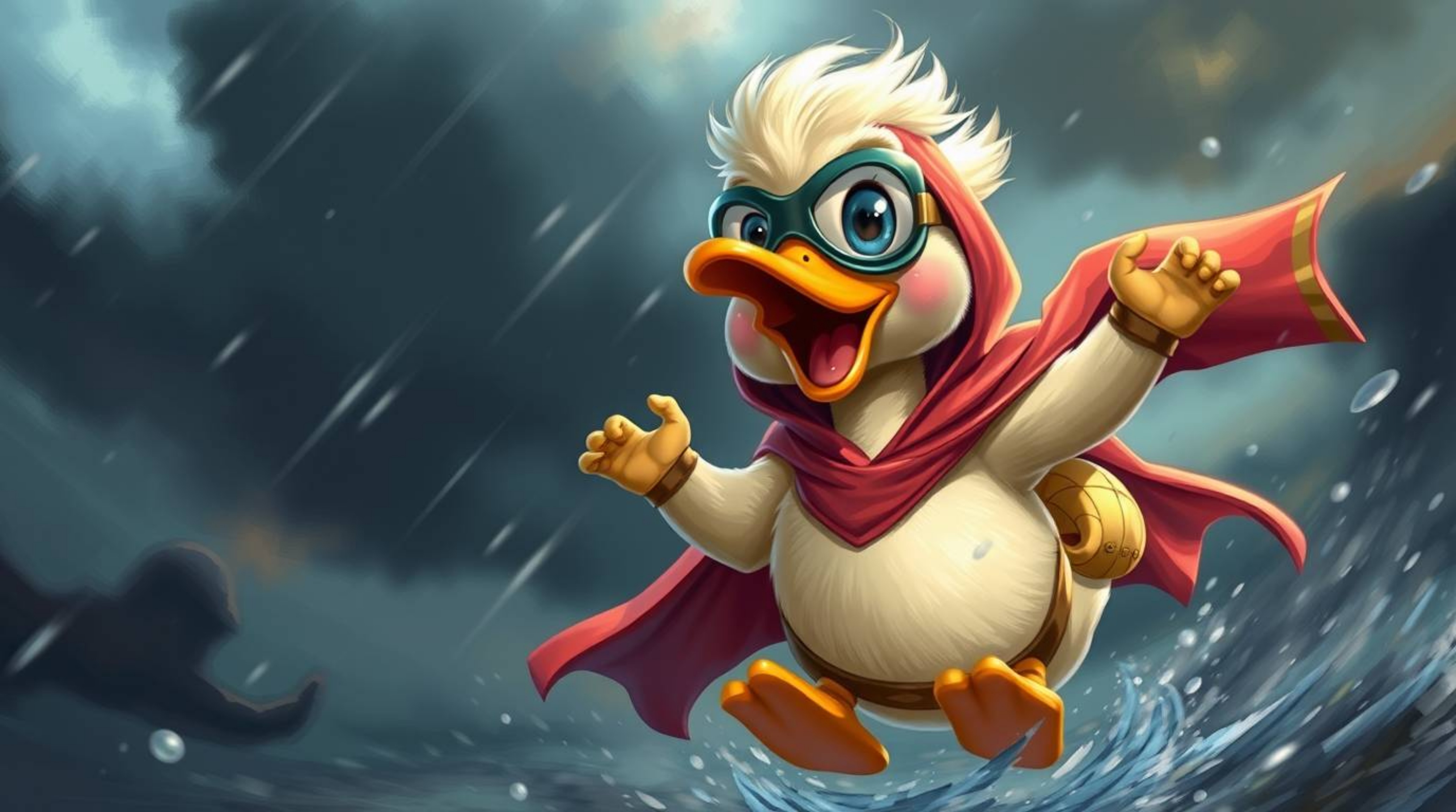 A vibrant digital painting captures an adorable duck in a zany superhero costume, battling intense dramatic weather with stor