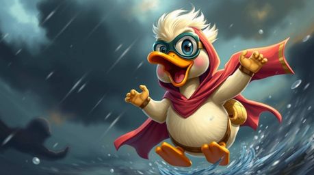 A vibrant digital painting captures an adorable duck in a zany superhero costume, battling intense dramatic weather with stor