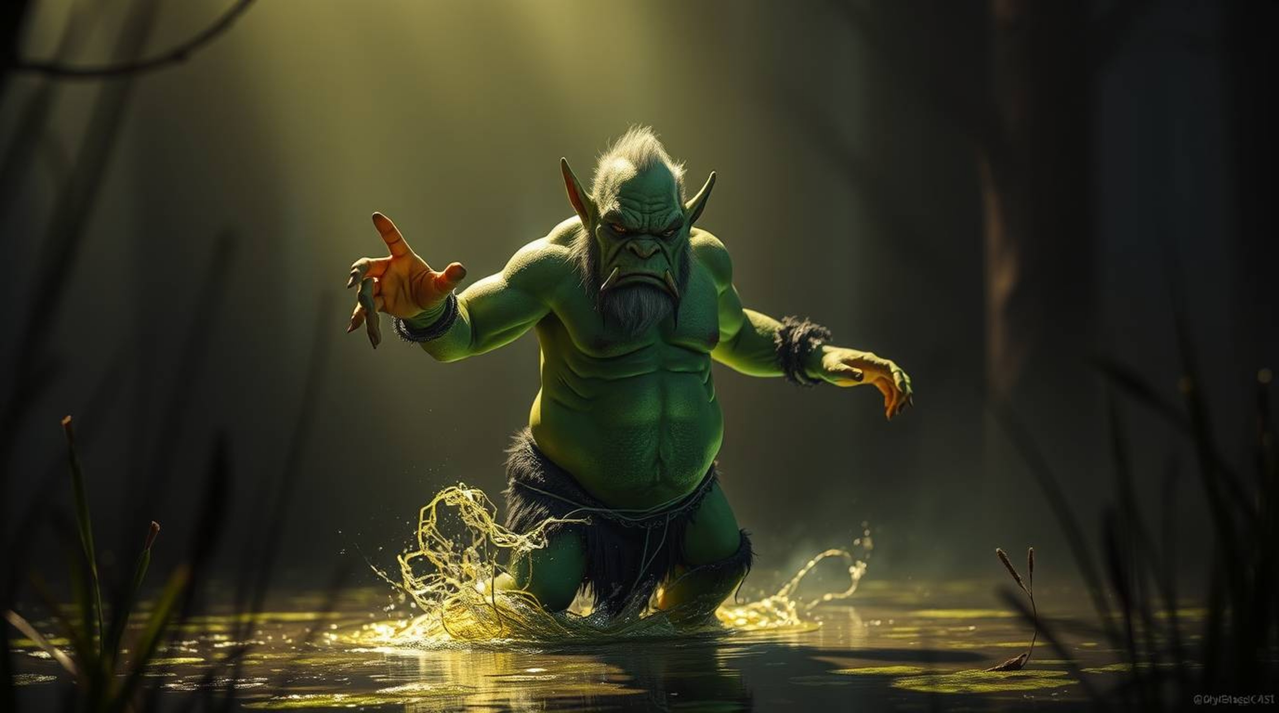 Witness a captivating scene of an ogre, possessing refined almost human features, gracefully dancing in a swamp.  The artwork