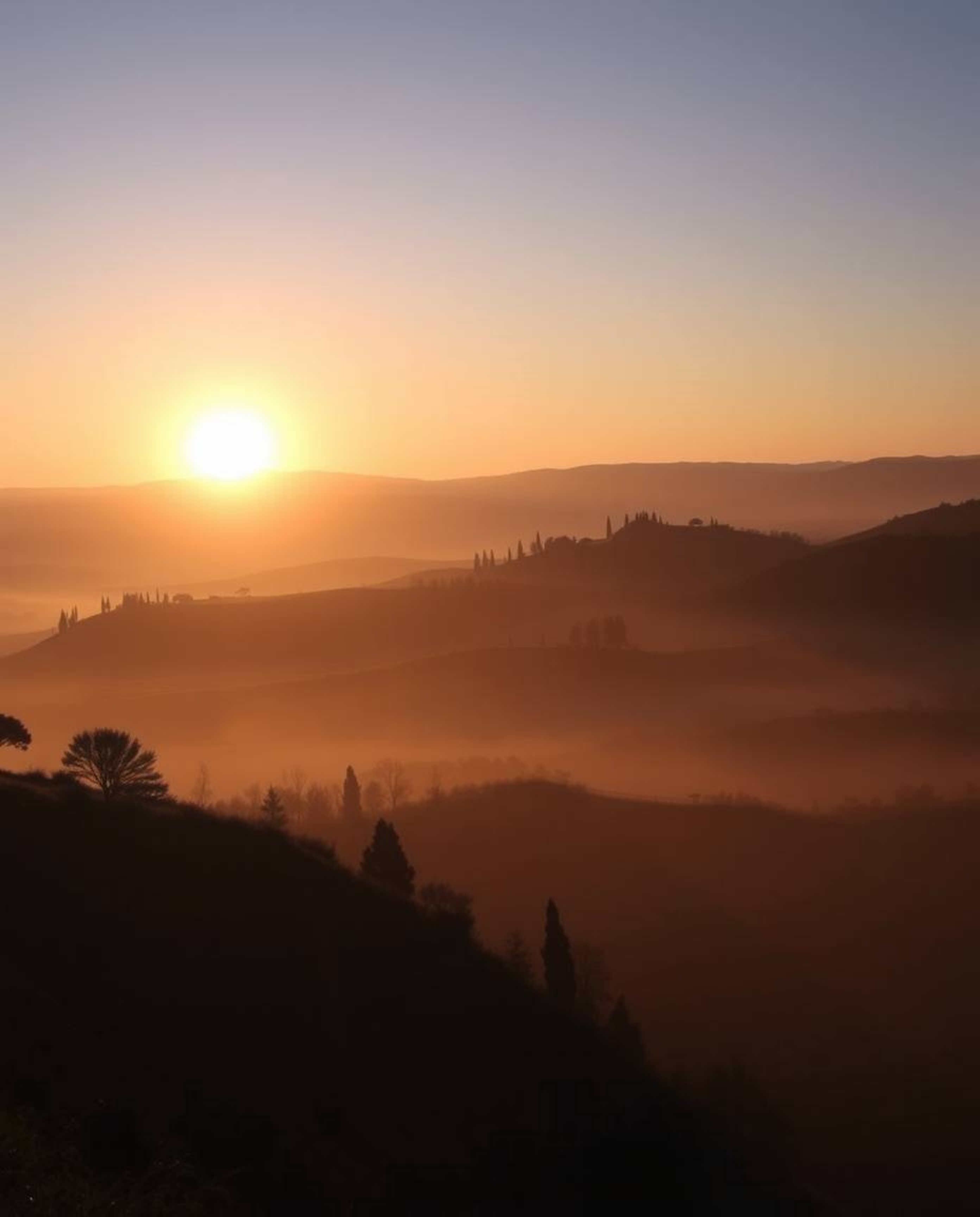 A gentle, soft light illuminates a serene Tuscan sunset over misty, rolling hills. This beautiful lighting creates diffused s