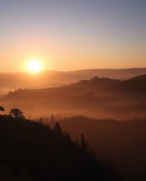 A gentle, soft light illuminates a serene Tuscan sunset over misty, rolling hills. This beautiful lighting creates diffused s