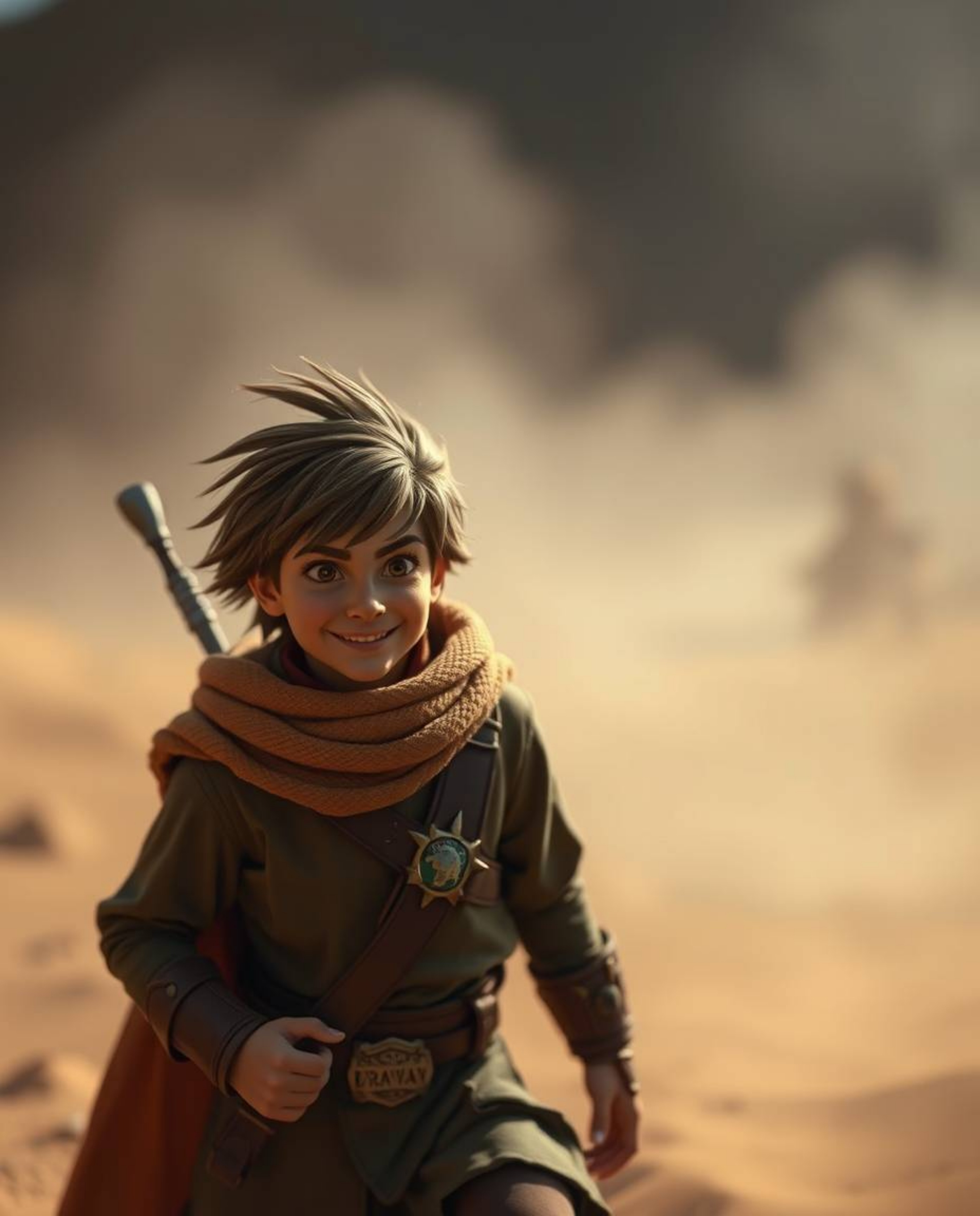 A brave Disney-style hero embarks on a thrilling desert adventure.  The scene is set in a thick, foggy environment with a blu