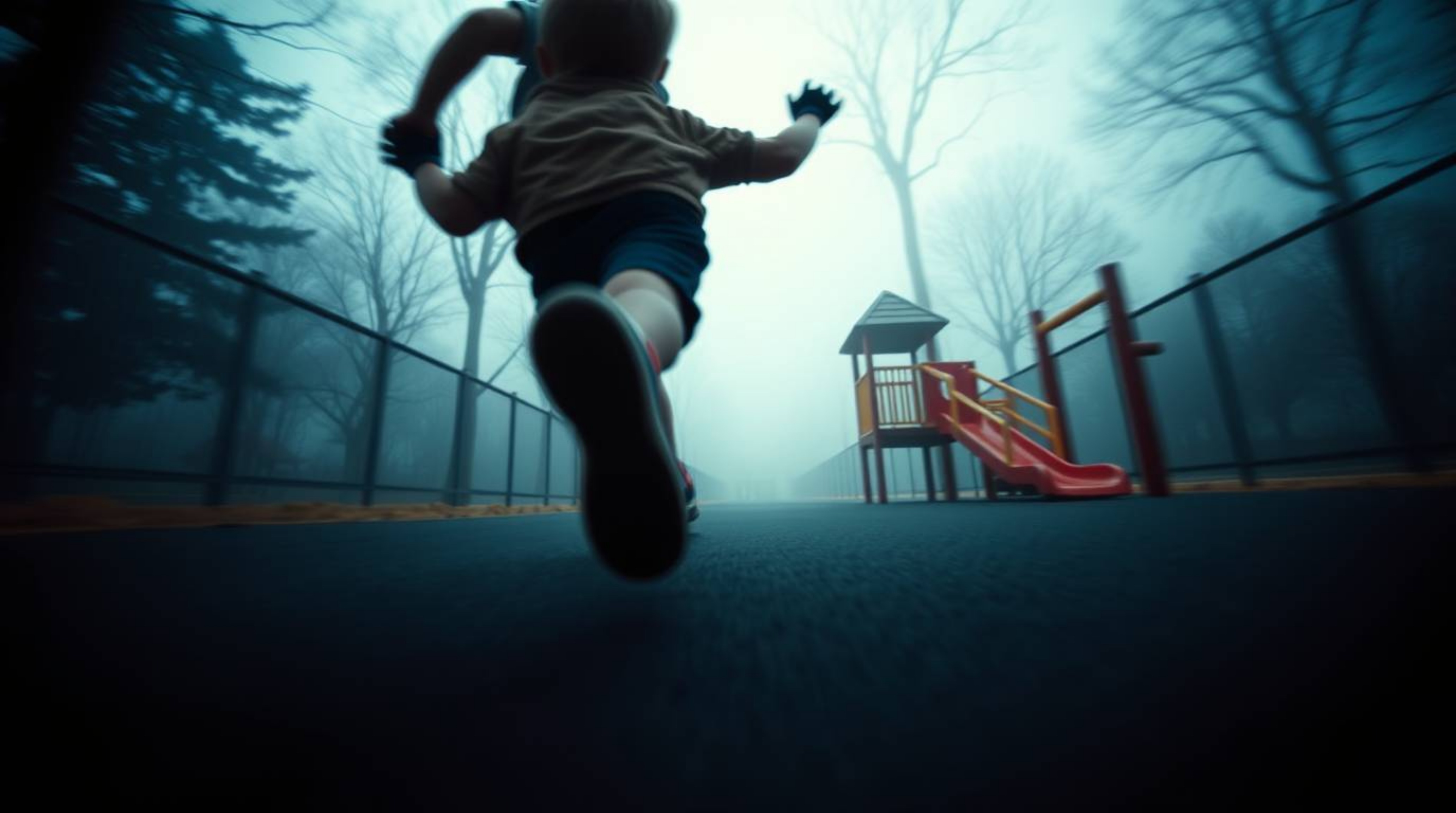Experience the thrill of a dramatic slow-motion run through a playground. This captivating video features a low-angle perspec