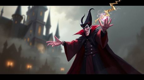 A captivating digital painting depicts a classic Disney villain casting a powerful spell within a misty, atmospheric castle.
