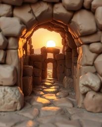 A sculptural clay artwork depicts a sunset casting shadows through ancient stone ruins, creating a mystic and enchanting envi