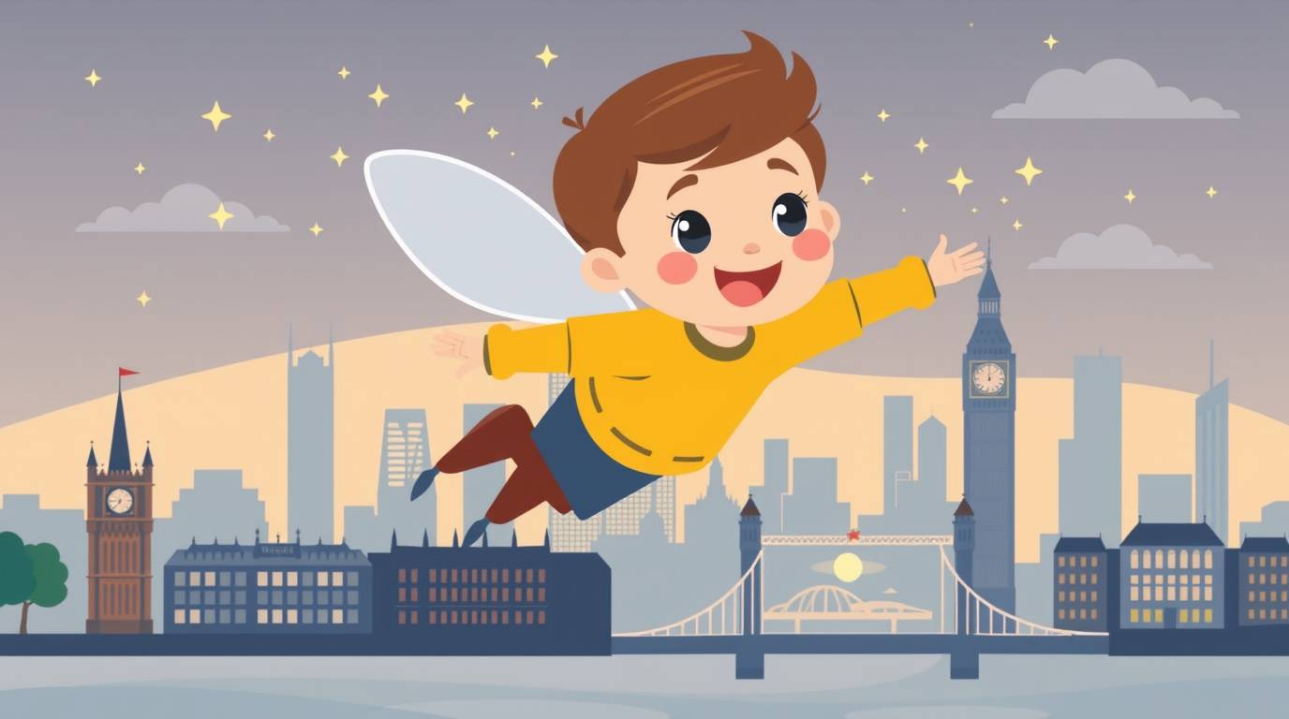 A charming illustration depicts a young boy joyfully flying above a simplified London skyline, sprinkled with magical pixie d