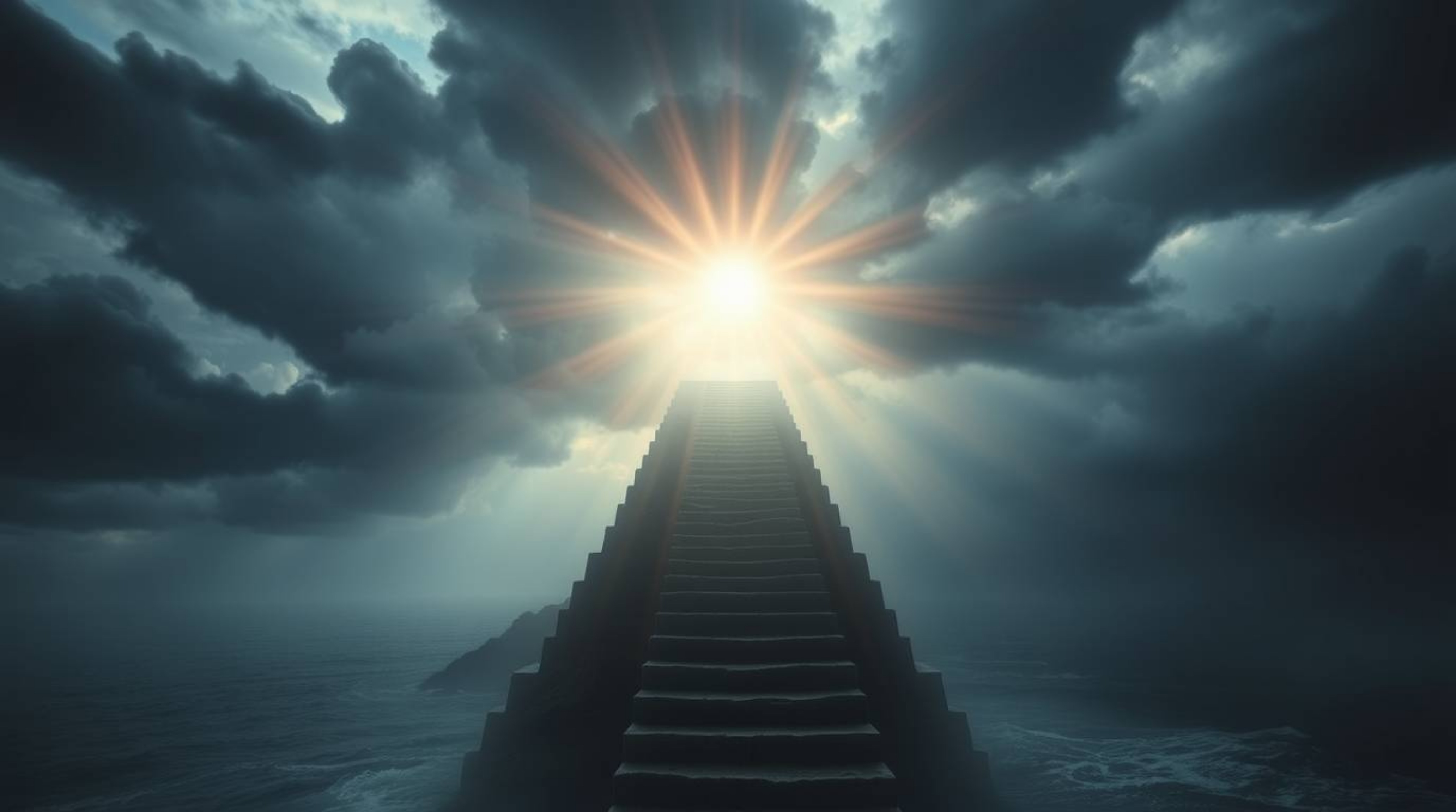 This artwork captures an ethereal spiritual vibe with a dramatic staircase rising from the ocean towards a stormy sky illumin