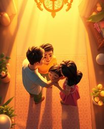Experience a heartwarming digital painting in the signature Pixar style, showcasing a joyful family reunion bathed in a warm 
