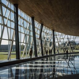 Explore a modern architecture museum showcasing clean lines and expansive glass windows that invite natural light. Discover c