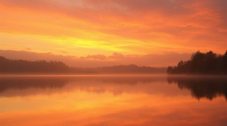 Experience the tranquility of a serene lake mirroring a vivid sunset sky, bathed in warm autumnal tones and gentle, soft ligh