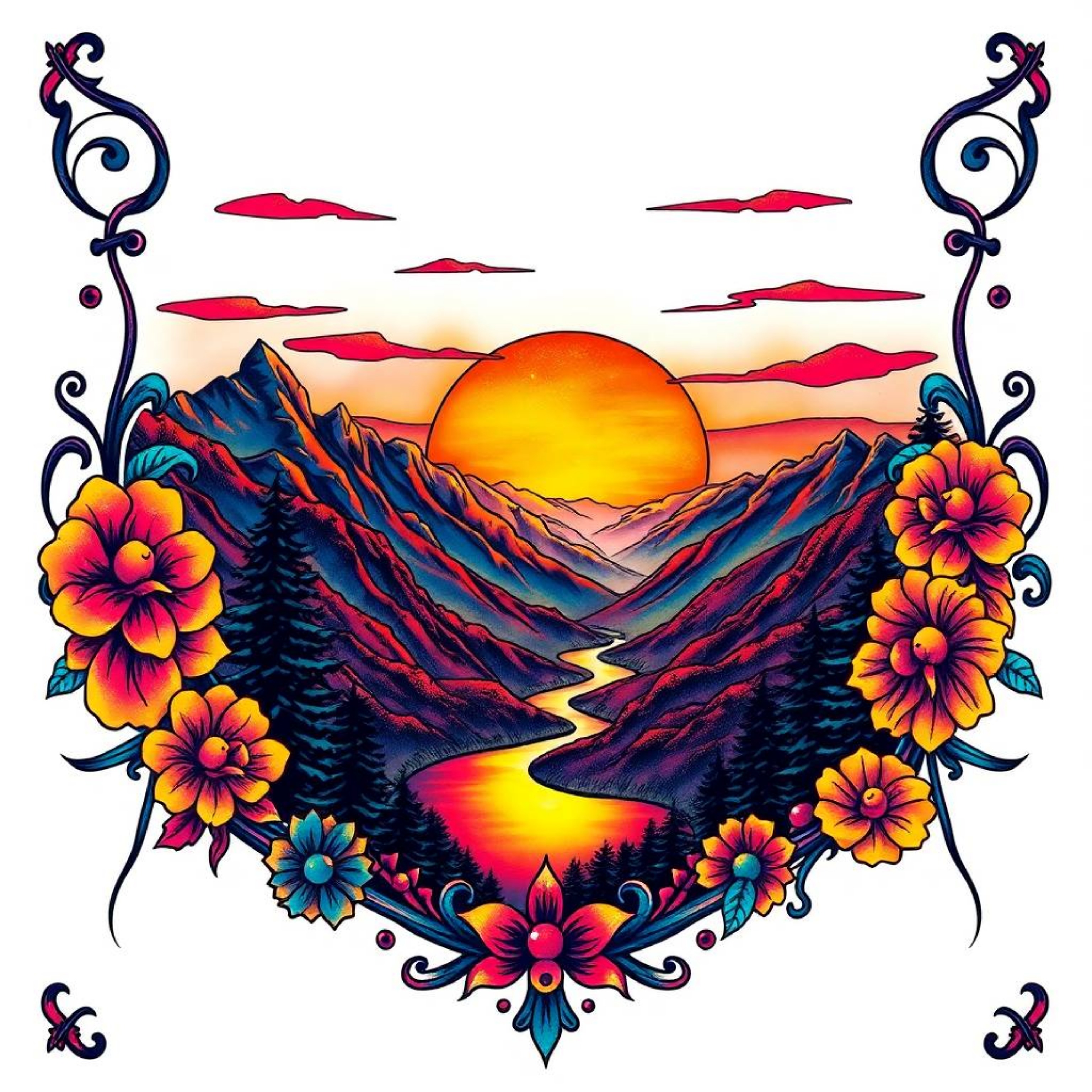 This traditional tattoo art print showcases a vibrant sunset over a serene mountain valley.  Iridescent reflections shimmer a