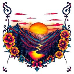 This traditional tattoo art print showcases a vibrant sunset over a serene mountain valley.  Iridescent reflections shimmer a