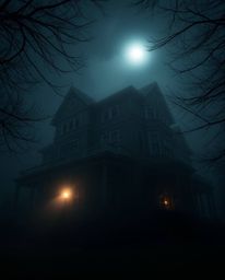 This image depicts a fog-covered Victorian mansion bathed in moonlight, captured from a low-angle perspective. The high contr