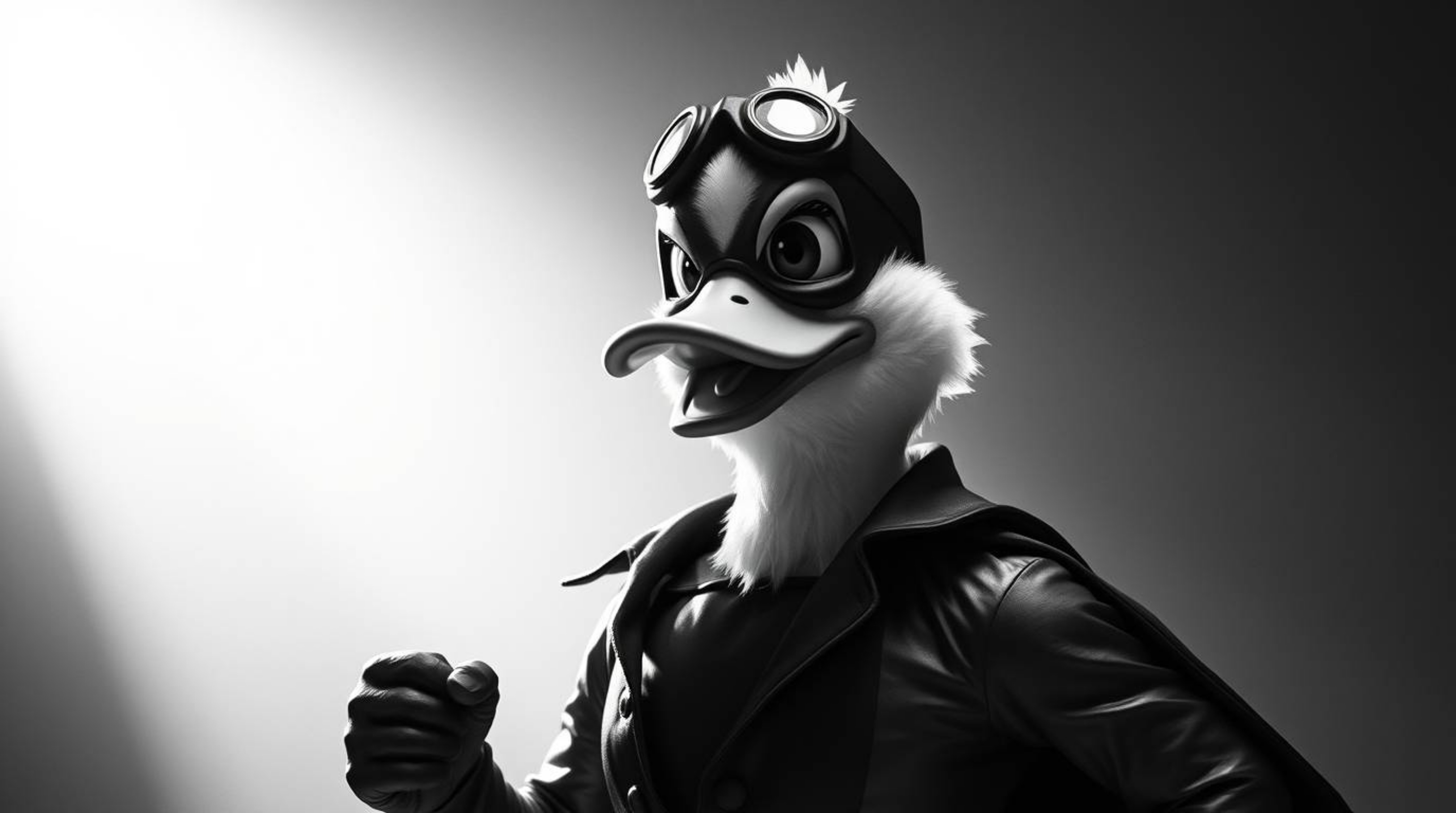 A classic black and white image showcases a duck superhero in a zany costume, illuminated by strong, hard light and casting d