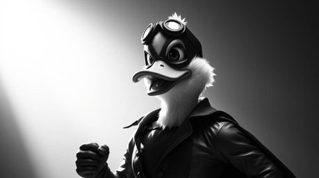 A classic black and white image showcases a duck superhero in a zany costume, illuminated by strong, hard light and casting d