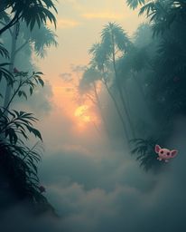 Dreamlike surreal imagery depicts a sunset viewed through a dense jungle canopy, enveloped by thick, foggy surroundings that 
