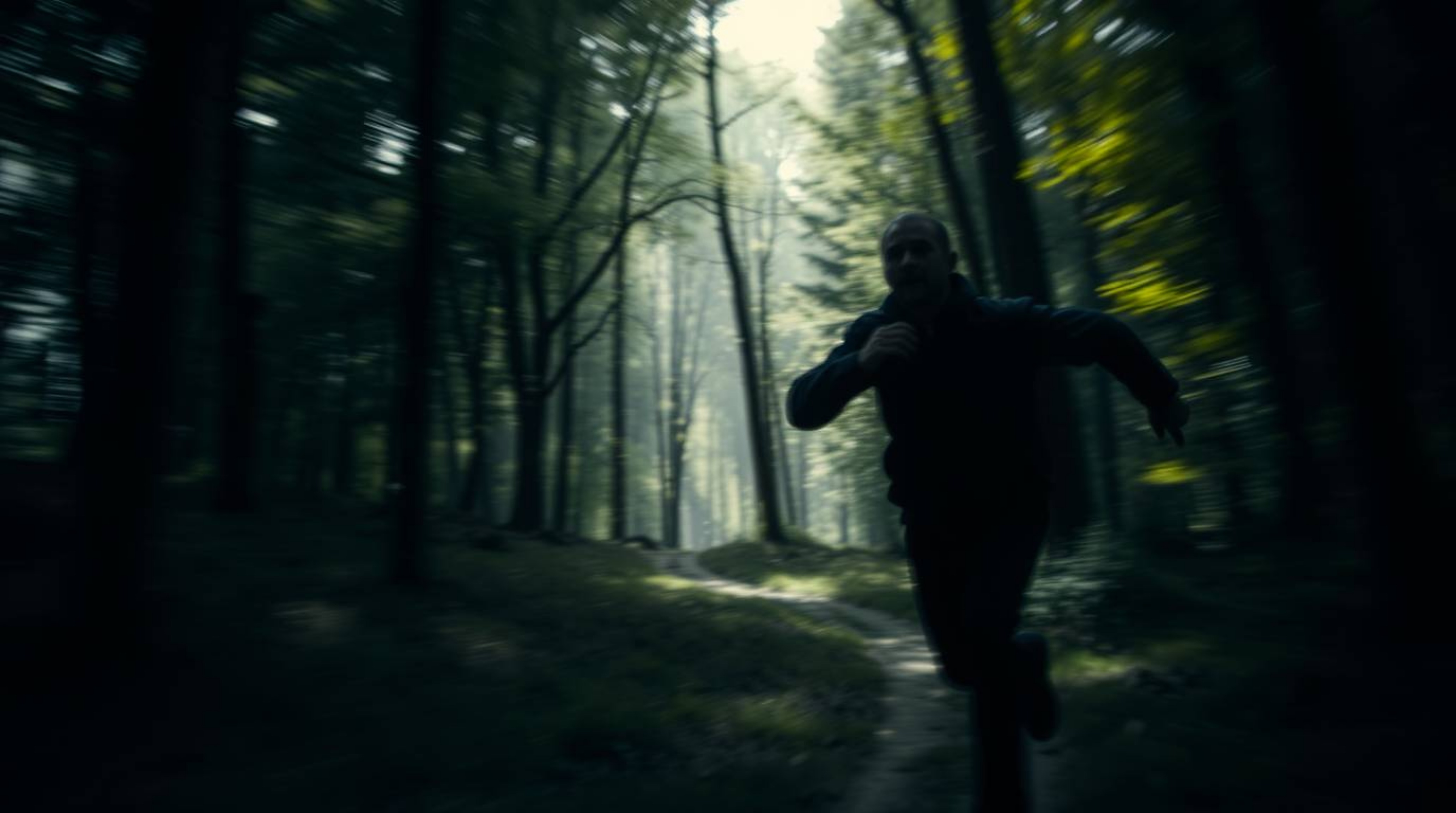 Experience a high-octane chase scene set within a looping forest, rendered with high-contrast, low-key lighting and a beautif