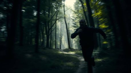 Experience a high-octane chase scene set within a looping forest, rendered with high-contrast, low-key lighting and a beautif