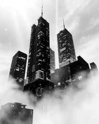 Explore a classic black and white glitchy digital landscape featuring distorted skyscrapers and mesmerizing static noise. Thi