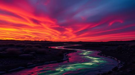 This captivating bronze sculpture depicts a winding river glowing under a dramatic orange-pink sky.  The intense lighting and