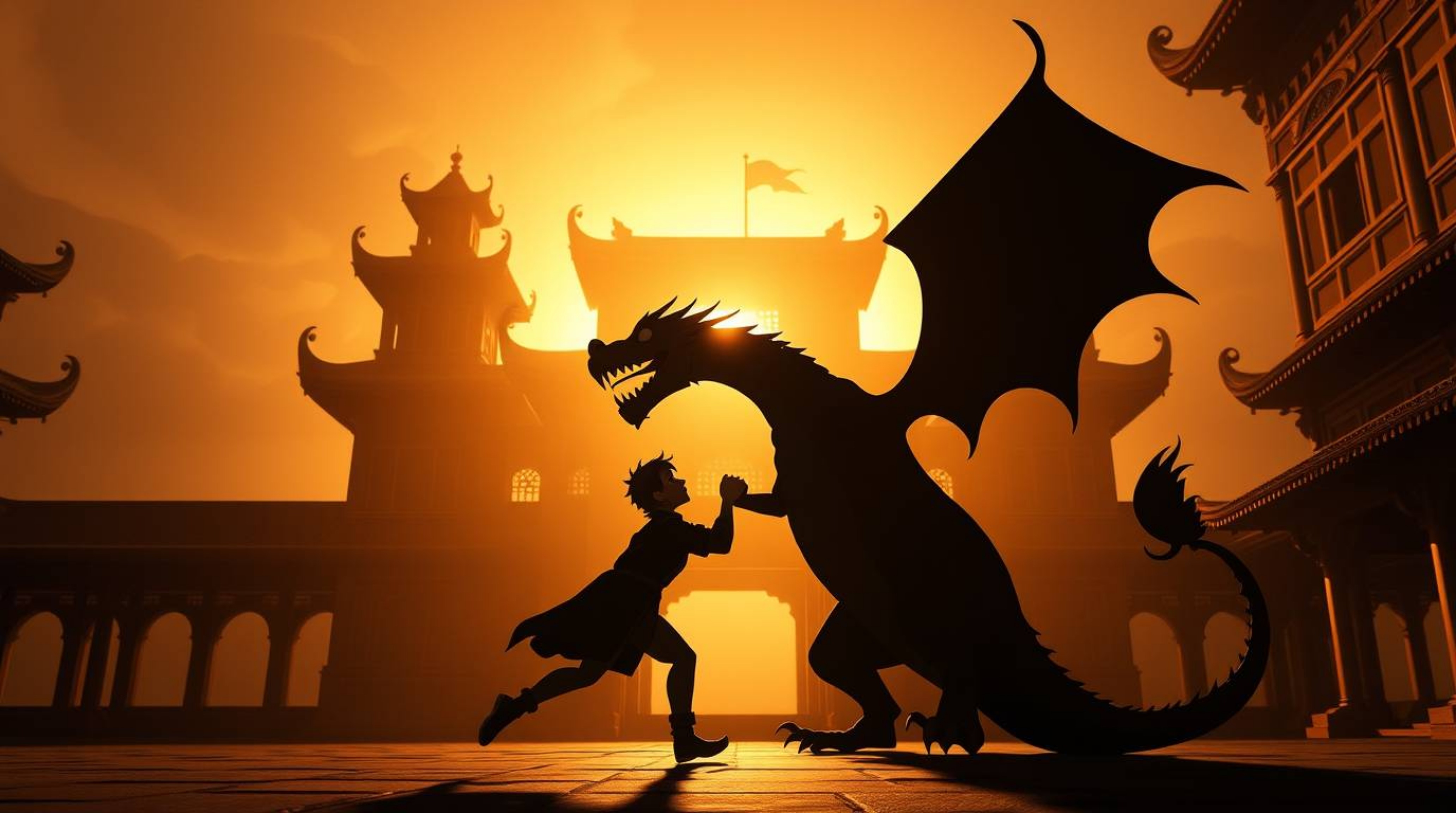 Captivating architectural color photography featuring a charming prince battling a dragon, rendered in a distinctive 1950s an