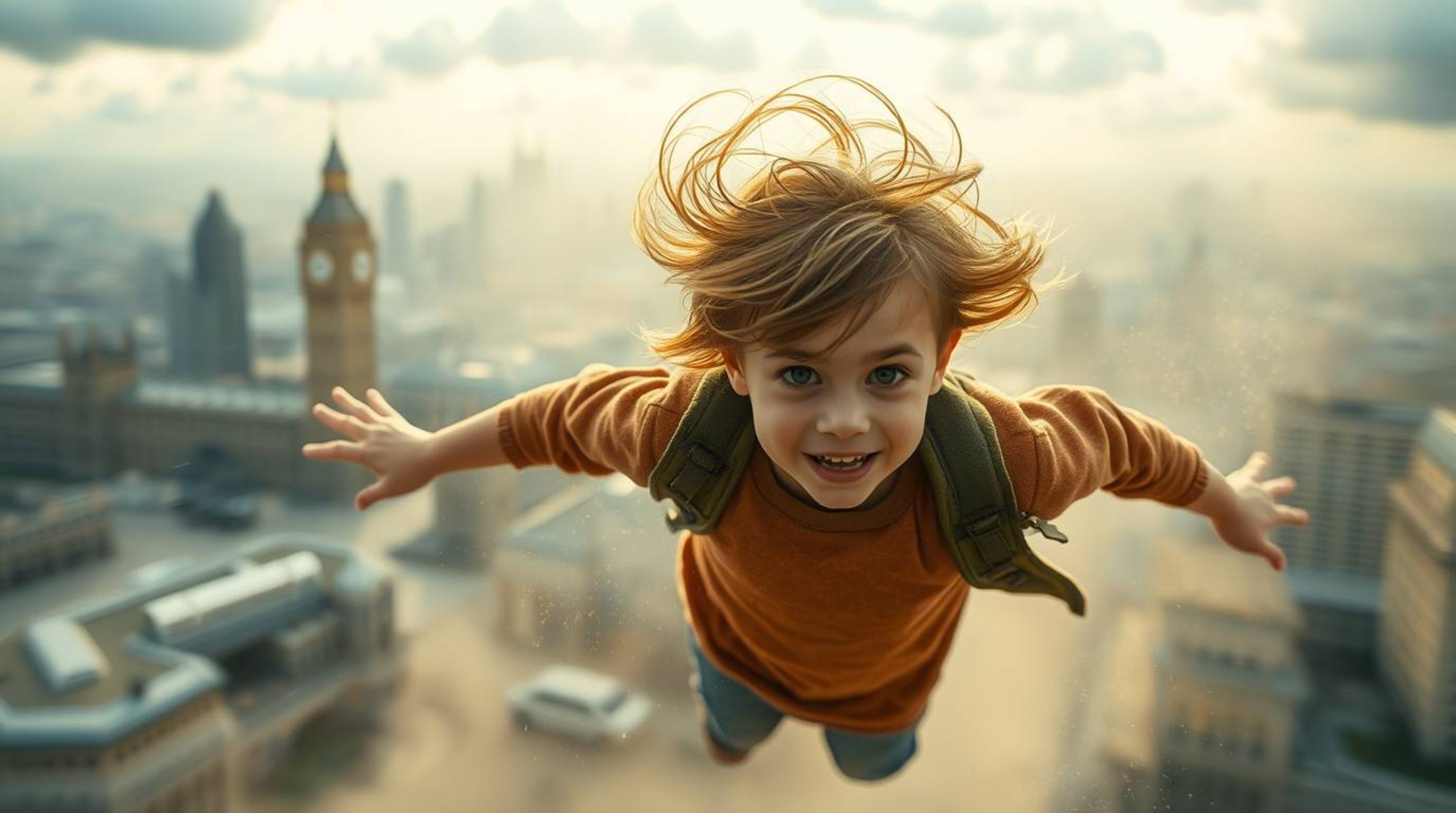 A captivating image of a young boy with windblown hair and a determined expression, soaring above the blurred London skyline 