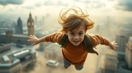 A captivating image of a young boy with windblown hair and a determined expression, soaring above the blurred London skyline 