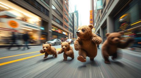 Experience a vibrant and dynamic animated short film depicting a bear family's thrilling urban adventure. Blurred motion, ac