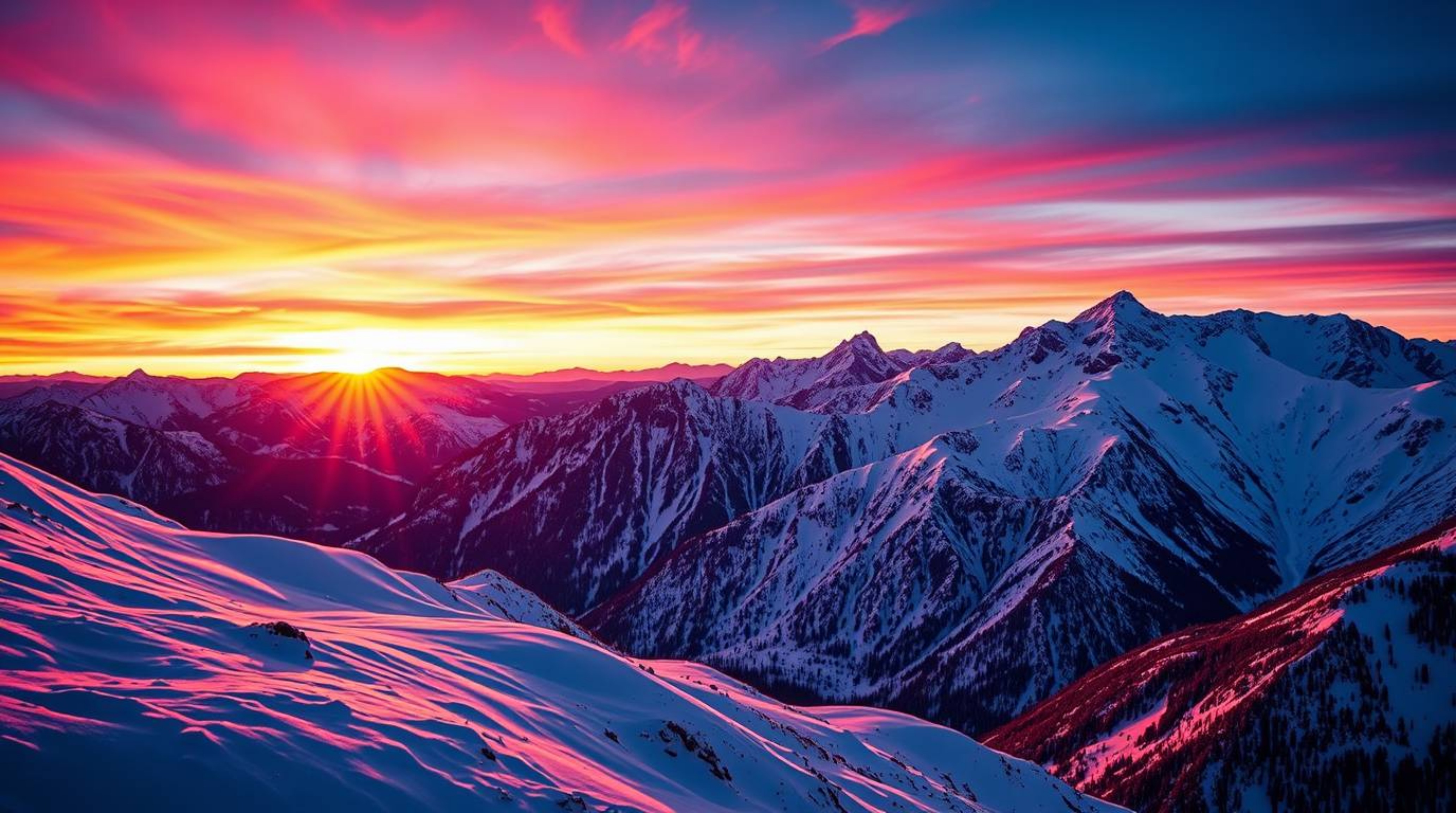 Experience the breathtaking beauty of snow-covered mountains bathed in the vibrant hues of a pastel sunset.  The scene is ren
