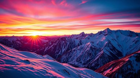 Experience the breathtaking beauty of snow-covered mountains bathed in the vibrant hues of a pastel sunset.  The scene is ren