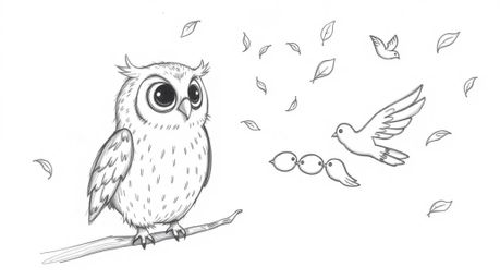 A heartwarming, Pixar-inspired scene features a blind owl with soft, rounded features patiently teaching a flock of birds how