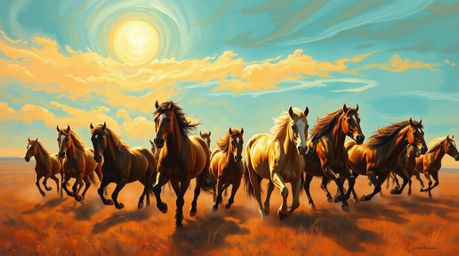 A captivating painting depicts a herd of wild horses thundering across the landscape beneath a vibrant, glowing sky.  The art