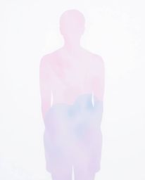 A delicate watercolor painting featuring a backlit silhouette.  Translucent washes of pink, blue, and violet create a soft gr
