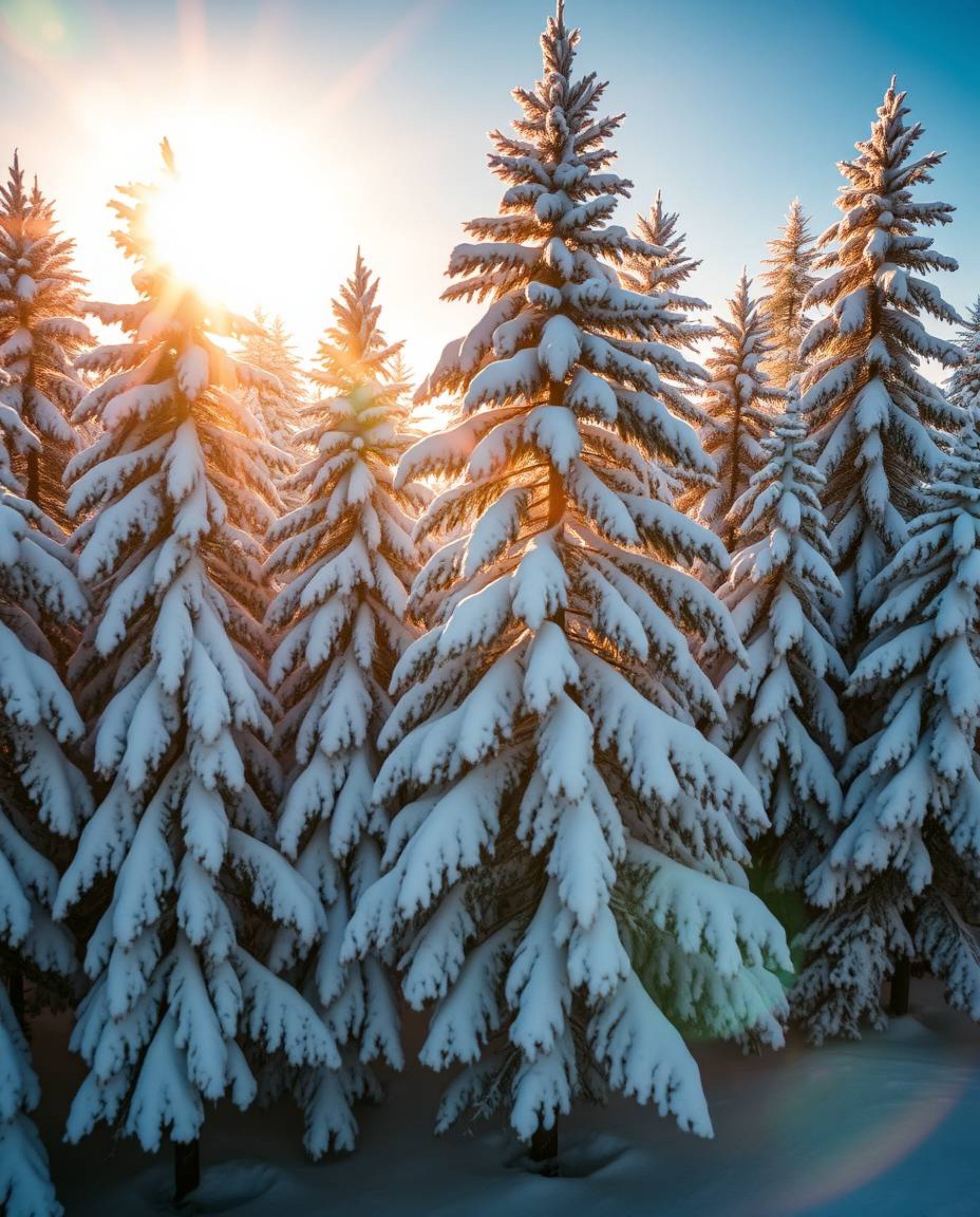 An epic, wide-angle shot captures snowy pine trees bathed in warm golden hour sunlight. A subtle lens flare adds to the heroi