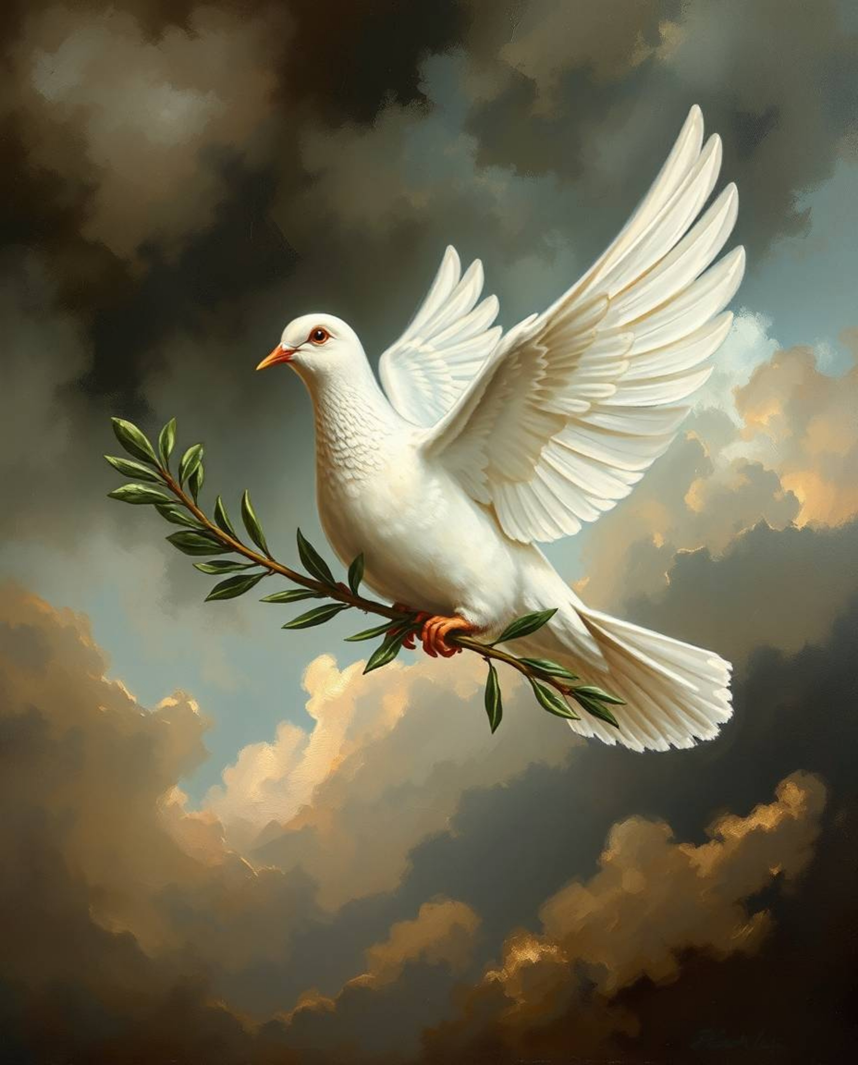 A classic oil painting depicts a dove carrying an olive branch amidst stormy skies.  The artwork showcases rich textures and 