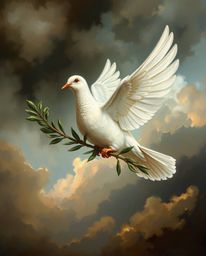 A classic oil painting depicts a dove carrying an olive branch amidst stormy skies.  The artwork showcases rich textures and 