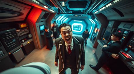 A candid street photography style image capturing a villain in a high-tech lair experiencing a humorous breakdown. The image,