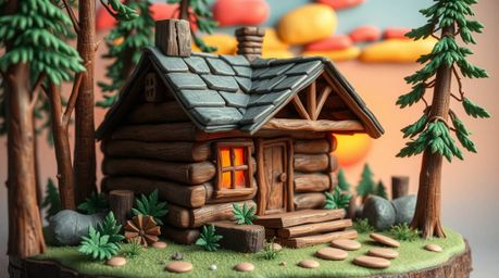 This sculptural clay artwork beautifully portrays an old wooden cabin nestled in the woods during a vibrant sunset. Character