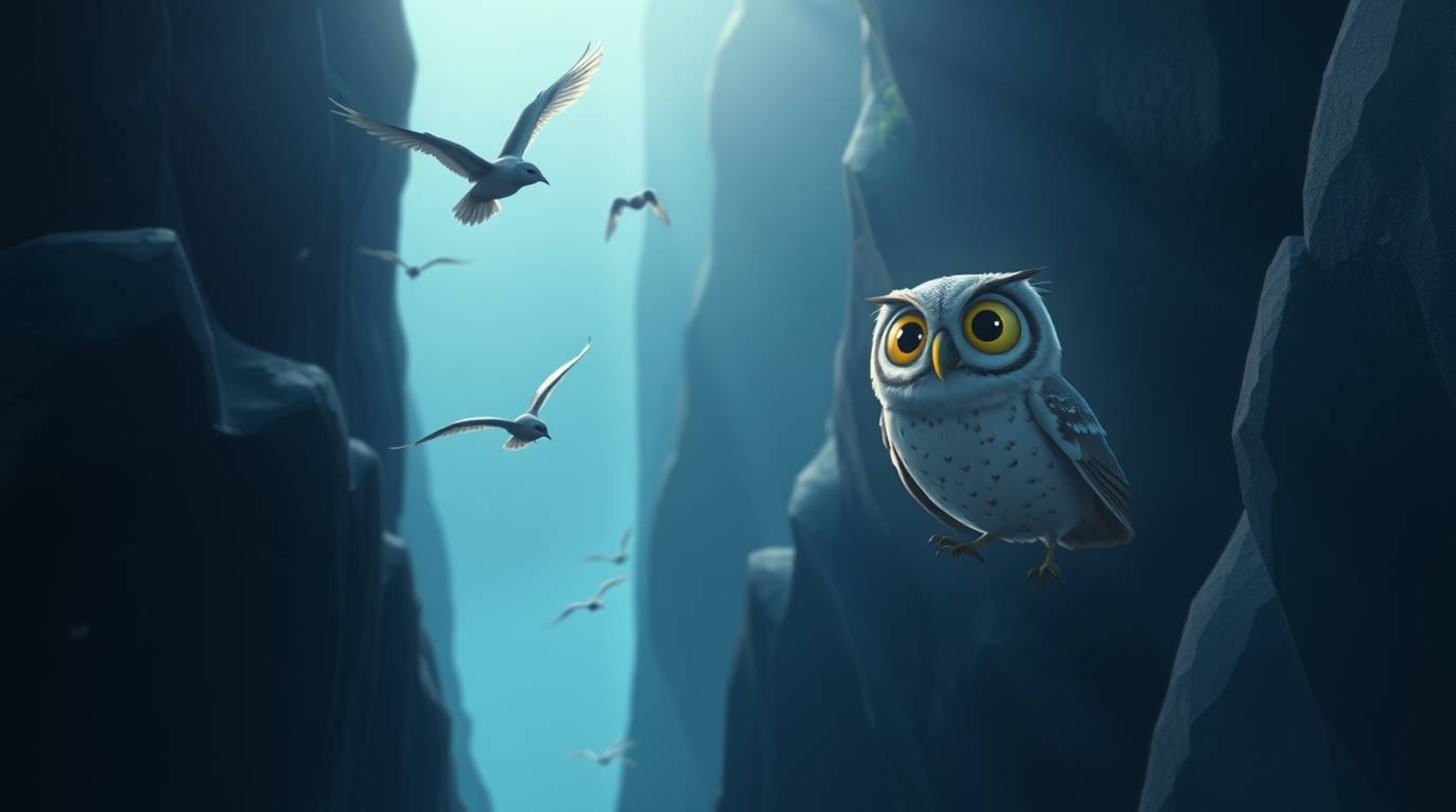 Immerse yourself in an ethereal and spiritual vibe with this beautiful Pixar-style illustration. It features a blind owl with
