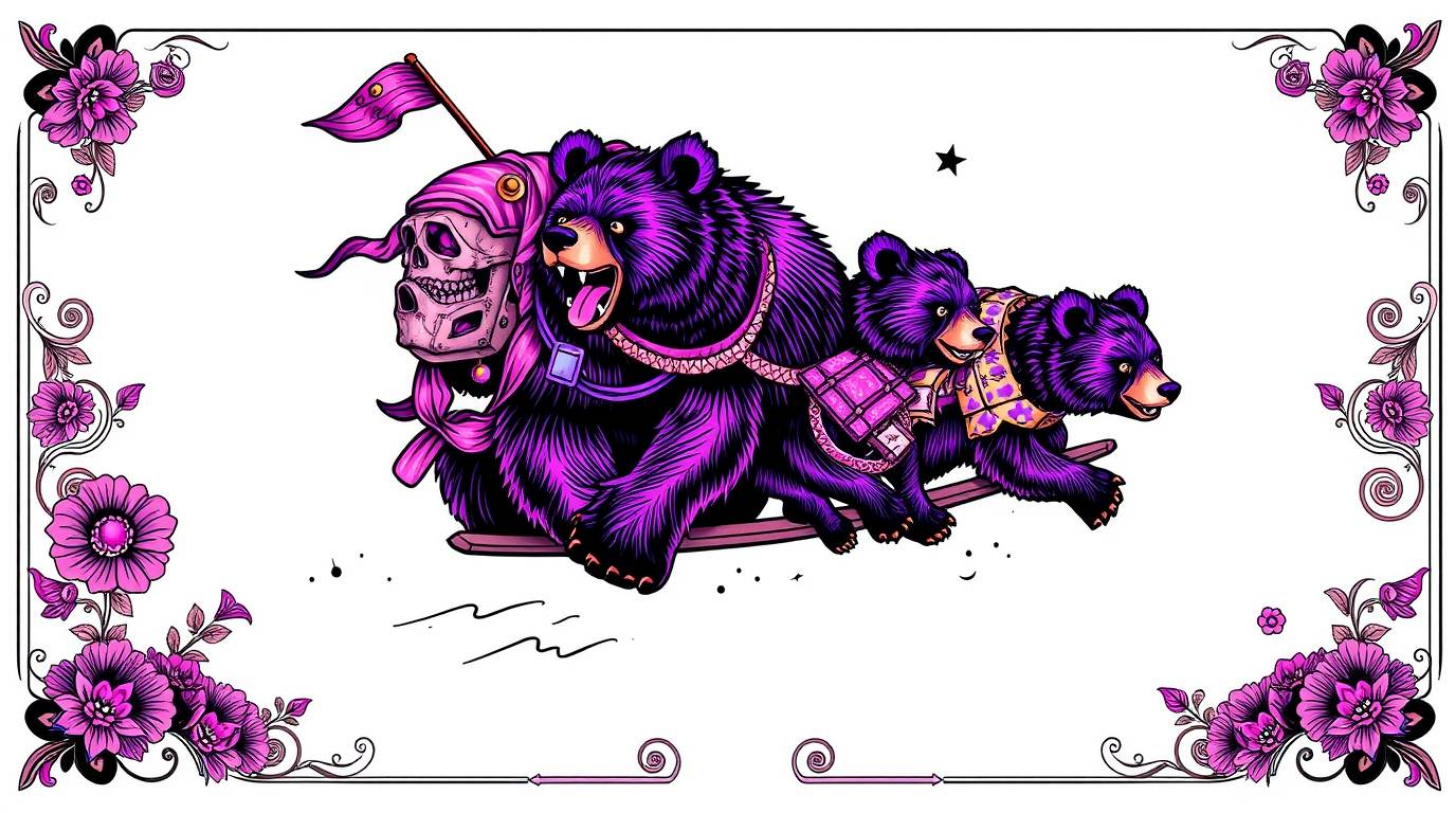 A captivating traditional tattoo art print showcases a bear family embarking on an unexpected urban adventure.  Rendered in d