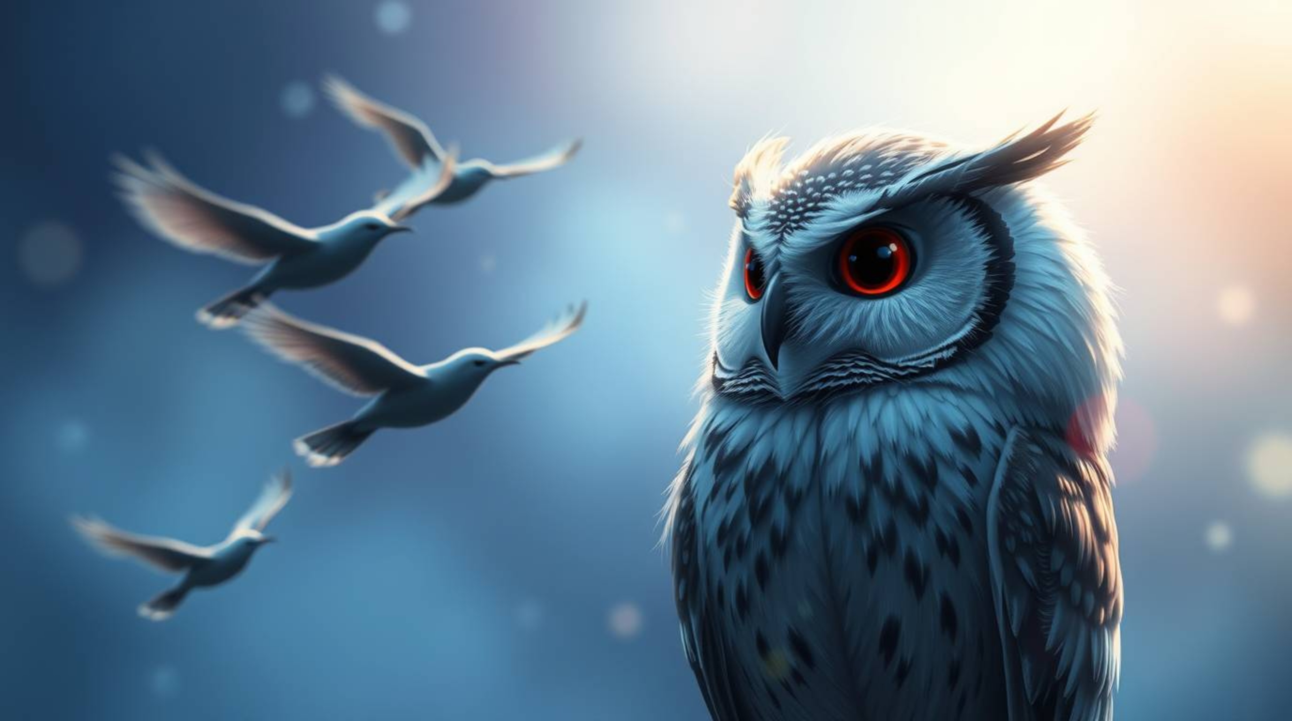 This beautiful digital painting features a blind owl styled like a heartwarming Pixar character, its feathers subtly detailed
