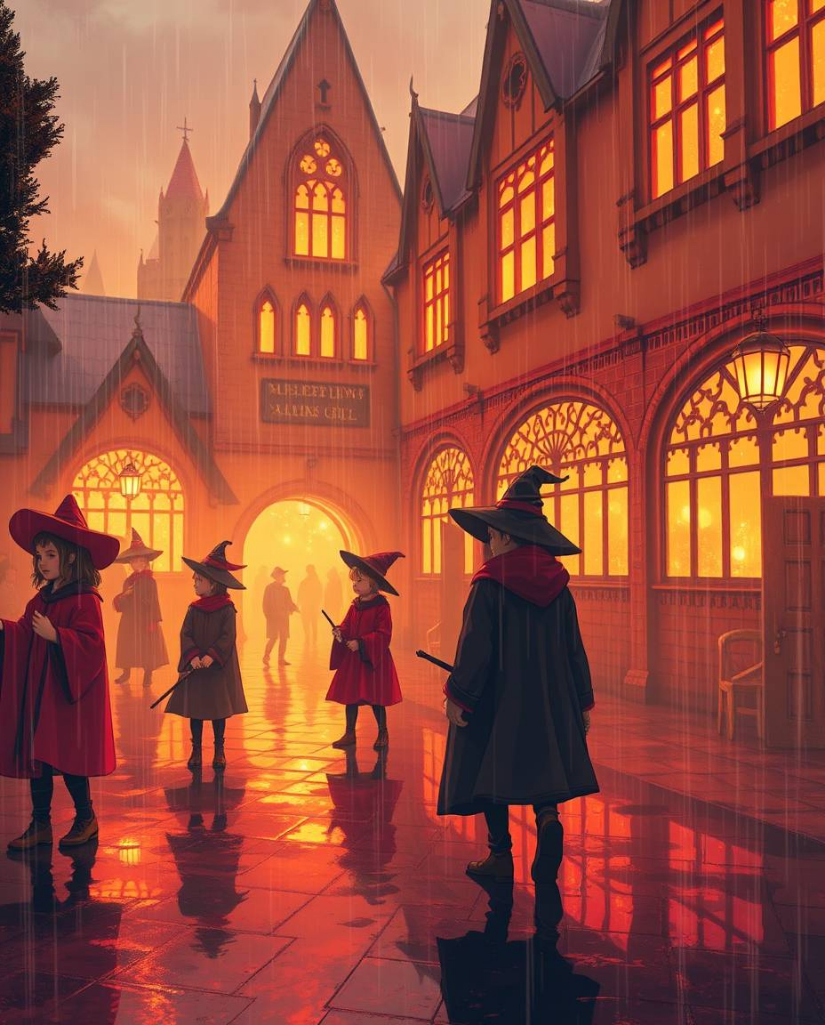 Immerse yourself in a warm, wet, and enchanting rainy scene depicting a magical school brimming with young wizards. The artw