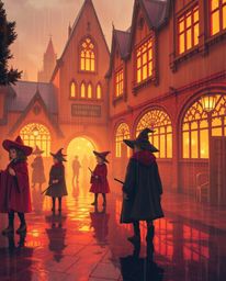Immerse yourself in a warm, wet, and enchanting rainy scene depicting a magical school brimming with young wizards.  The artw