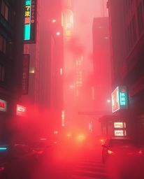 Immerse yourself in a warm, soft, and dreamy atmosphere depicting colorful neon splashes in a hazy futuristic cyberpunk citys
